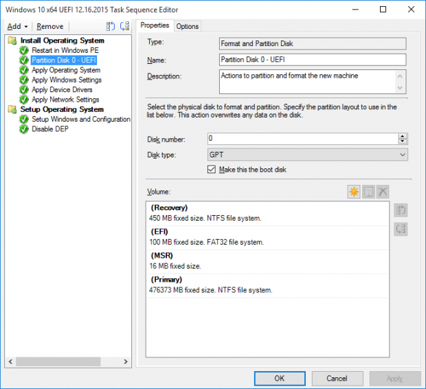 SCCM task sequence create partitions for UEFI Windows 10 deployment